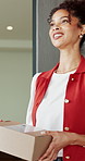 Woman, box and delivery by home front door for ecommerce, convenience and online shopping. People, package and courier with happy customer for distribution, parcel or logistics service at house