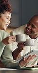 Cheers, coffee or couple in house with tablet, savings growth or success in financial management. Smile, digital or African people with toast, budget achievement or celebration on investment goals.