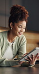 Remote work, editing or woman in home with tablet, proofreading or draft review in novel publishing. WFH, digital or author with tech, typing manuscript or chapter planning in story development.