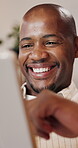 Laughing, man and online with tablet in lounge, scroll and watching movie with subscription in home. Happy, black person and streaming funny video on website, browsing and entertainment in house
