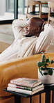 Relax, tired and black man on sofa, home and nap for rest, weekend break and calm in lounge. Apartment, happiness and African person on couch, comfortable and peaceful with routine and exhausted