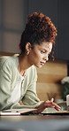 Woman, paperwork and browsing in home with laptop, financial planning and income tax preparation. Person, reading documents and online research in house with computer, budget and wealth management.