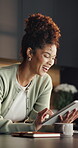 Laugh, streaming or woman in home with tablet, funny video or post update on social media. Happy, typing or person in house with tech, comic series reaction or chat notification on digital platform.