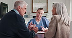 Checkup, home and nurse with senior couple for medical diagnosis or treatment planning. Discussion, people and healthcare worker with elderly patients for results in consultation at apartment.