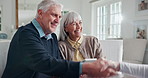 Handshake, tablet and nurse with senior couple in house with positive results at medical checkup. Technology, shaking hands and healthcare worker with elderly people for consultation in nursing home.