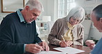 Elderly, writing and happy couple with nurse for deal, contract or healthcare plan in nursing home. Senior, man and woman with caregiver, signature or documents for agreement or insurance in house
