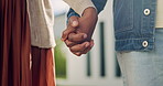 People, support and holding hands with love for outdoor bonding, relationship or care together. Man, woman or trust with grip or grasp for commitment, romantic partnership or hope in home backyard