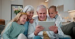 Tablet, girls and smile with grandparents in home for care, support or connection with generations. Children, tech and online movie with senior people in living room for family bonding and love
