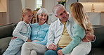 Smile, children and hug with grandparents in home for care, support or connection with generations. Girls, laugh and embrace with senior people in living room for family bonding, love and tickle