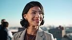 Business, smile and thinking with woman on rooftop for city planning or property development. Happy, project management and vision with architect outdoor for building, design or urban real estate