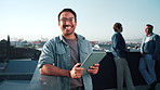 Tablet, glasses and face of business man on roof top in city for web developer, pride and about us. Homepage planning, confidence and laughing with person outdoor for entrepreneur and update