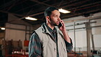 Carpentry, talk and man with phone call in workshop for project quote, new client or consultation. Manufacturing, carpenter and mobile contact for design discussion, pricing estimate and negotiation