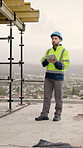 Architect, thinking and man with tablet in city, search or planning for property development on web. Serious, civil engineer and person with tech, reflection and project management with info on roof