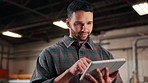 Man, carpenter and reading at warehouse with tablet, research and design for woodwork order. Male person, review and digital for inventory, carpentry invoice and information for furniture production