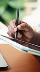 Person, hands and writing with tablet pen for digital design, UI or interaction in home. Man, graphic designer and user drawing with technology or app for online creativity, engagement or UX in house