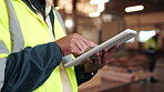 Construction, hands and man with tablet in workshop for inventory, stock management and research. Warehouse, scroll and person on digital tech for report, inspection and planning for infrastructure