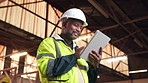 Construction, mature and man with tablet in workshop for inventory, stock management and research. Warehouse, happy and African person on tech for report, inspection and planning for infrastructure