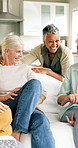 Bonding, laugh or friends in house with chat, funny conversation or happy moment in reunion. Smile, gossip or mature women with group hangout, joke reaction or connection in healthy relationship.