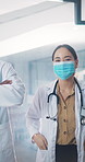 Face, doctor and people in hospital with mask, hygiene and medical safety for protection. Portrait, policy and surgeon in workplace with team, virus prevention and healthcare regulations for wellness