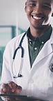 Medical, face or black man in hospital with tablet, patient diagnosis or report feedback in telehealth. Health, portrait or doctor with tech, online consultation or record review for treatment plan.
