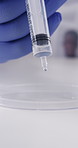 Science, hands or liquid syringe in petri dish for microscopic study, pathology or medical research. Scientist, black man and sample analysis on tech for drug testing, chemistry innovation or vaccine