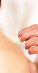 Acupuncture, hands and shoulder with people in clinic for treatment of muscle tension or pain relief. Healthcare, medical or needle with patient and therapist in wellness spa for recovery or support