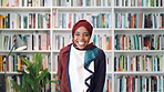 Muslim, face and black woman laughing in library for funny joke, knowledge development and education. Islamic teacher, person and books for arabic language, university job and happy in hijab