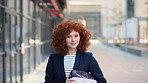 Woman, smile and face on travel in city for business trip, pride and confidence for real estate job. Person, happy and realtor with bag for commute, portrait or property development career in Germany