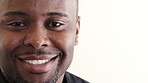 Face, smile and teeth of black man on studio space for dental health or hygiene results. Healthcare, oral care and satisfaction with patient on white background mockup for optometry or wellness