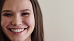 Dental health, face or woman with smile, mouth or tooth wellness for orthodontics. Portrait, happiness and female person with mockup space, teeth whitening and oral hygiene in dentistry care.