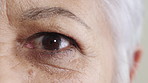 Face, eye and elderly woman with vision, optometry assessment and visual clarity test for correction. Portrait, senior person and eyesight examination for cataracts, glaucoma and health closeup