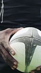Throw, hands and person with ball for rugby match, sports training and ready for competition pitch. Fitness, person and player with preparation for match start, tournament game and practice activity