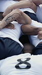 Rugby, scrum and men on field with match, collision game or teamwork in sports tournament. Fitness, back or players with huddle formation, impact challenge or intense performance in competition.