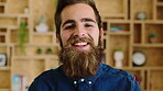 Creative, face or man in office with laugh, positive attitude or optimism in advertisement industry. Happy, portrait or branding clerk with good mood, joke reaction or confidence in marketing agency.