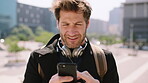 Commute, texting and businessman in city with phone, online communication or travel in morning routine. Digital, typing or employee in town with tech, email response or message update at start of day