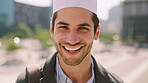 Face, business and Muslim man with commute in city, laughing and confidence for financial career. Portrait, Islamic person and investor with pride for wealth development, happy and travel in town