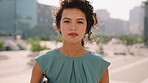 Face, businesswoman and outdoor in city with commute, pride and confidence for real estate career. Realtor, person and property management downtown with urban development, journey and travel to work.