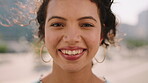 Face, student and travel in city with smile, confidence and course at university education. Portrait, woman and commute for exchange program in town, positive attitude and scholarship for learning