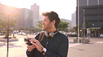 Search, reading or businessman with phone in city, digital map or navigation app for apartment location. Online directions, destination finder or realtor with tech for travel assistance, town or wind