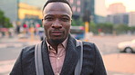 Face, teacher and black man in city, serious or ready for education with confidence on morning commute. Portrait, educator and person outdoor for development, academic career or professional with bag