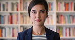 Face, student and woman in library with college education, knowledge or study at business school. Serious, female person and learning on university campus with commerce faculty, growth or development