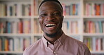 Face, future and laughing with black man in library as college or university professor for education. Funny, learning and school with teacher in bookstore for academic job, knowledge or research