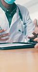 Doctor, hands and consultation with patient for insurance, medical policy or prescription in office. People, healthcare worker or discussion with client paperwork for health advice, help or diagnosis