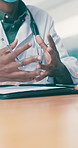 Doctor, hands and advice with patient for insurance, medical policy or prescription in office. People, healthcare worker or writing with client documents for health consultation, help or diagnosis