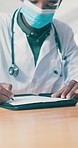 Doctor, writing or face mask with patient for consultation, health insurance or medical prescription. Man, healthcare worker or documents with client paperwork for diagnosis, advice or help in clinic