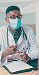 Mask, doctor and patient with discussion in office, health consultation and medical treatment chat. Appointment, people and gp with ppe for wellness evaluation, symptoms meaning and explain diagnosis