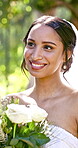 Face, flowers and thinking with bride outdoor in park for celebration of marriage, commitment or love. Bouquet, roses and wedding with woman in nature for event, relationship milestone or romance