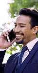 Smile, man and groom with phone call at park for wedding update, contact or schedule coordination. Happy person, mobile and talking for marriage organization, communication and planning ceremony