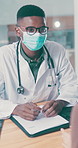Doctor, patient and consultation for healthcare with document, safety compliance or virus symptoms. Paper, man or talk to medical worker in hospital with face mask, protection or writing on checklist