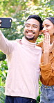 Excited, selfie or couple with wedding ring in park, engagement announcement or social media post. Happy, celebrate or people with photography for relationship update, show jewelry or propose success